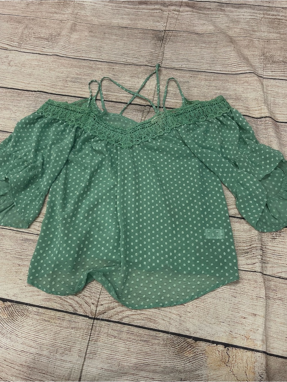 😍 Umgee Green Off-Shoulder Lace-Trim Polka Dot Blouse Bell Sleeves size Large